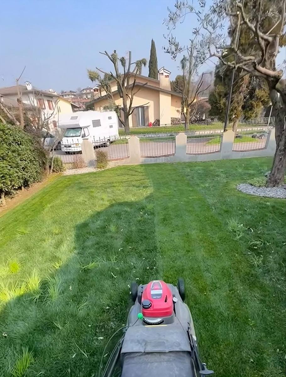 Rasaerba in salita su un giardino di casa, con il terreno che sale verso la siepe