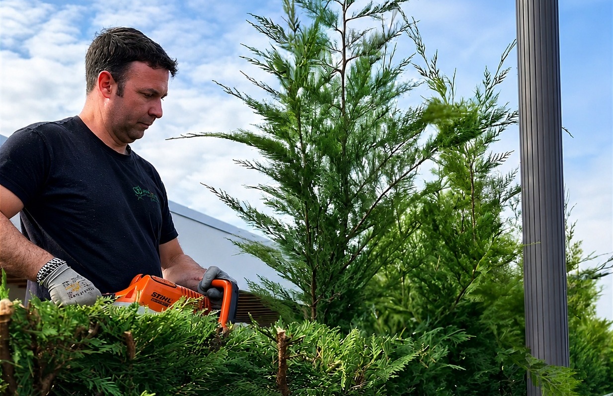 Giardiniere al lavoro in un giardino in provincia di Bergamo
